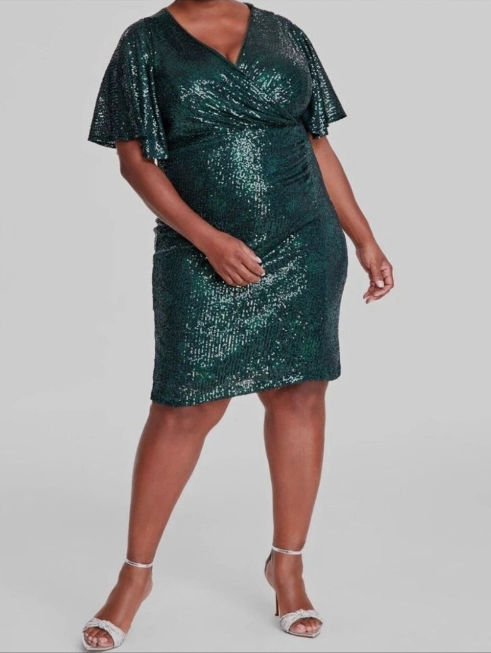 SLNY Plus Size Emerald Sequin Wrap V-Neck Dress